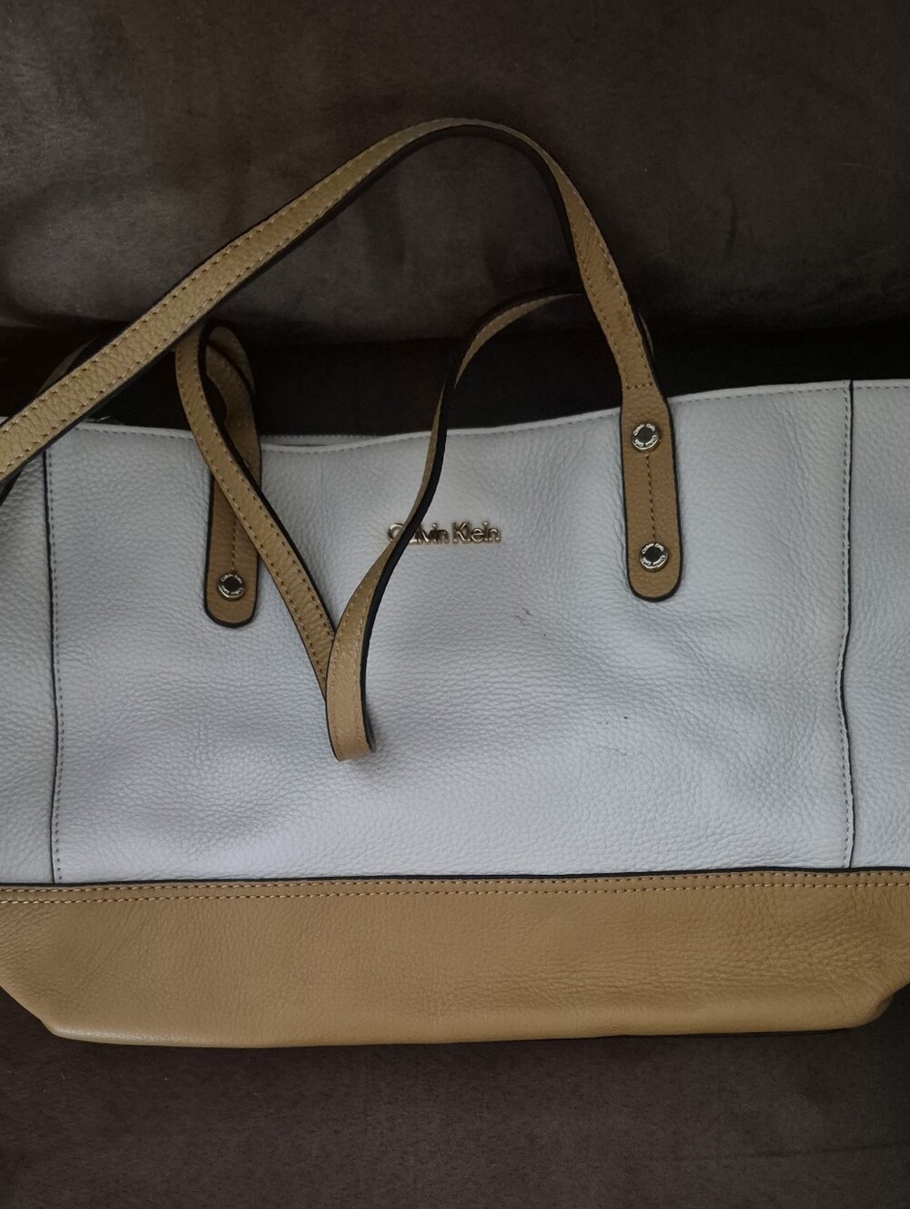 Calvin Klein White and Tan Two-Tone Leather Tote 16x9x9